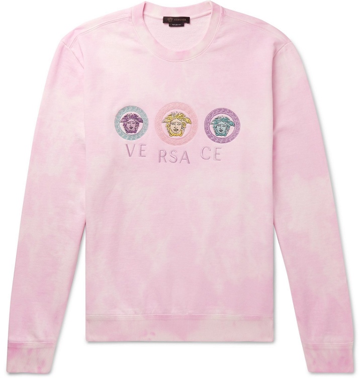 Photo: Versace - Logo-Embroidered Tie-Dyed Loopback Cotton-Jersey Sweatshirt - Pink