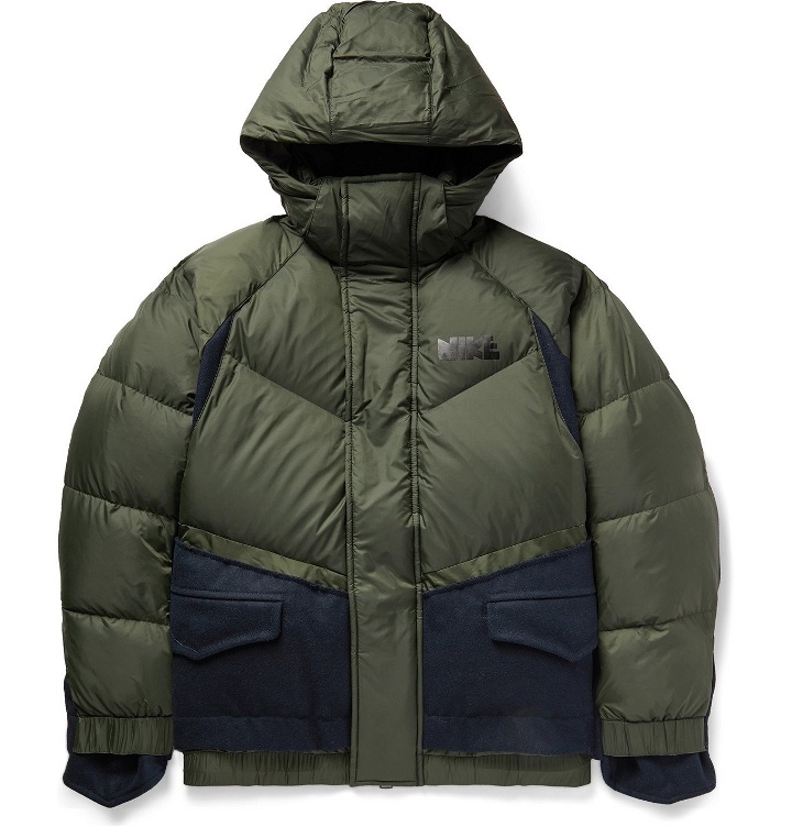 Photo: Nike - Sacai NRG Logo-Print Quilted Nylon and Wool-Blend Down Hooded Parka - Green