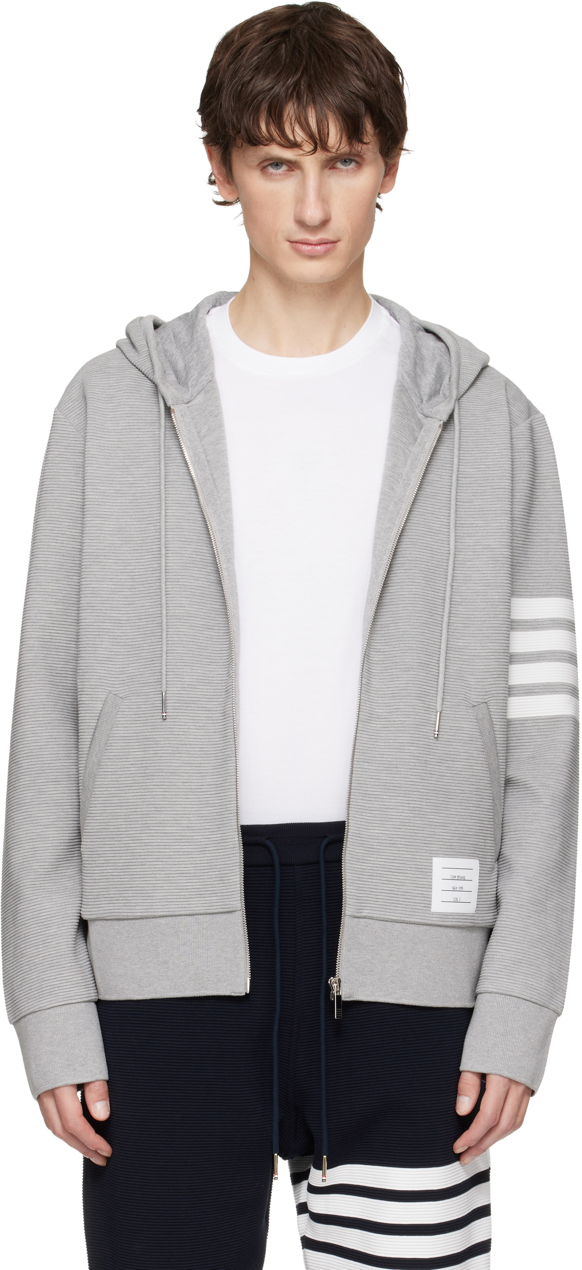 Thom Browne Gray Cotton Ottoman 4-Bar Zip Hoodie