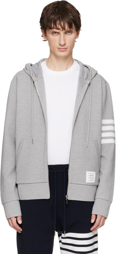 Photo: Thom Browne Gray Cotton Ottoman 4-Bar Zip Hoodie