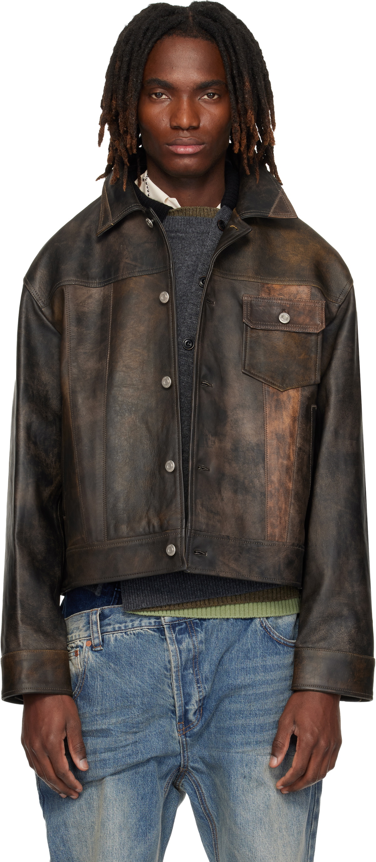Andersson Bell Brown Leather Patchwork Trucker Jacket