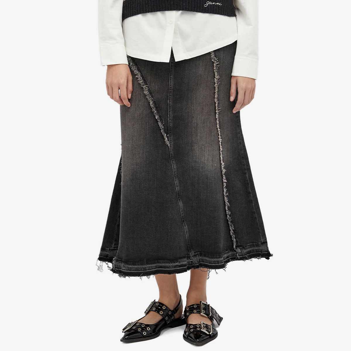 GANNI Women's Tint Edge Denim Long Skirt in Washed Black/Black