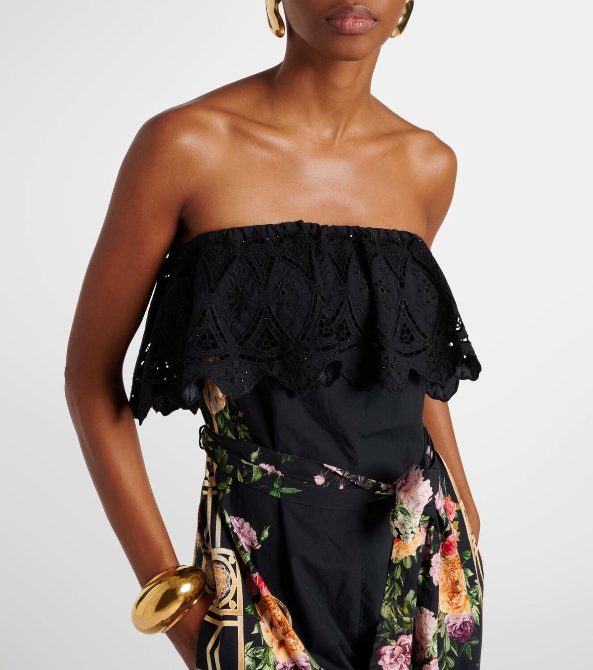 Camilla Floral ruffled strapless cotton jumpsuit