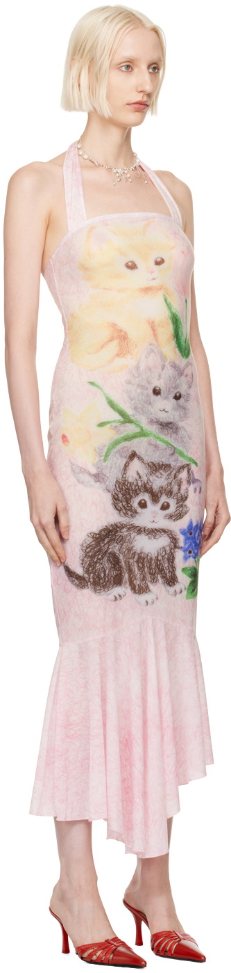 Yuhan Wang Pink Kitty Printed Halter Midi Dress Yuhan Wang