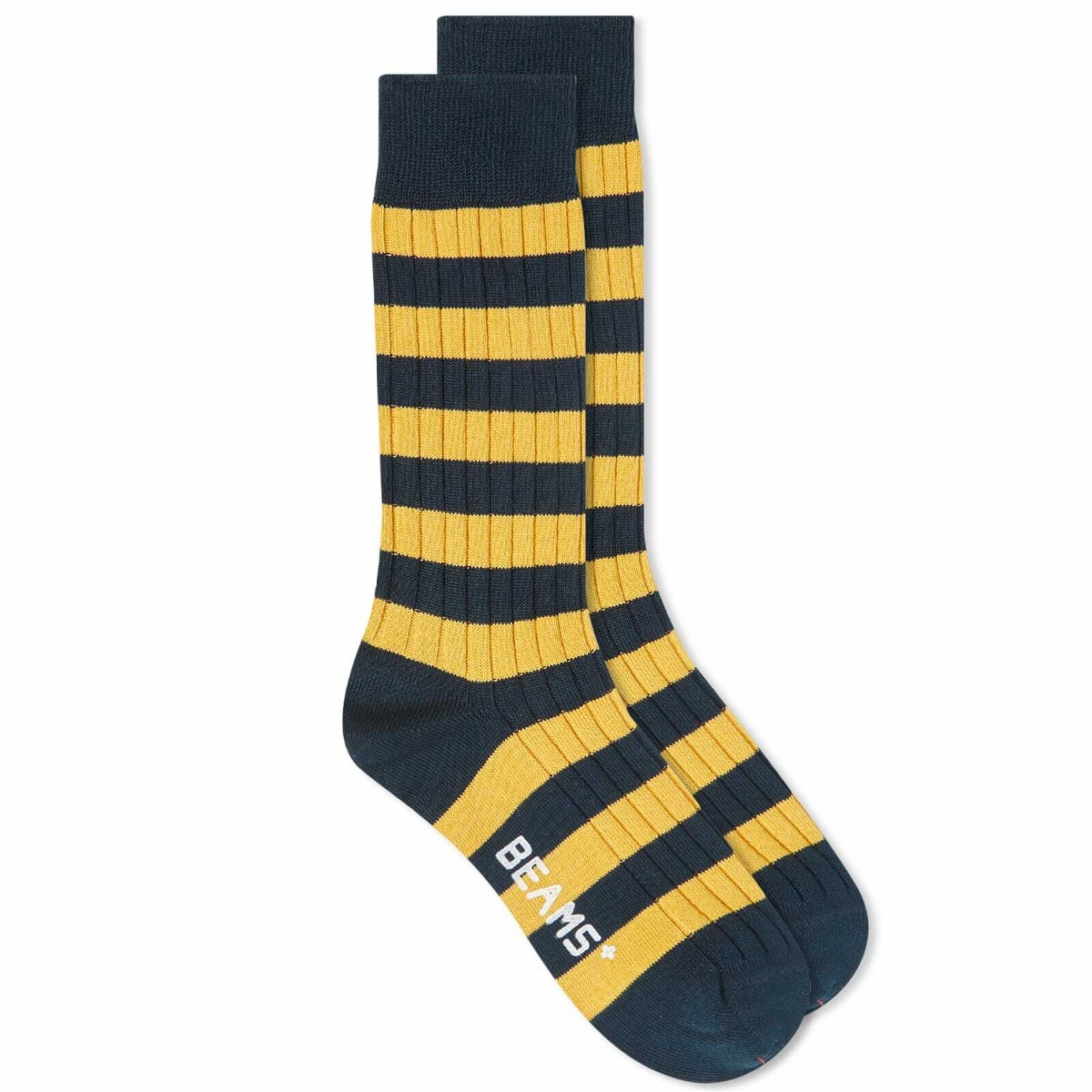 Beams Plus Men's Rib Stripe Sock in Navy/Marigold Beams Plus