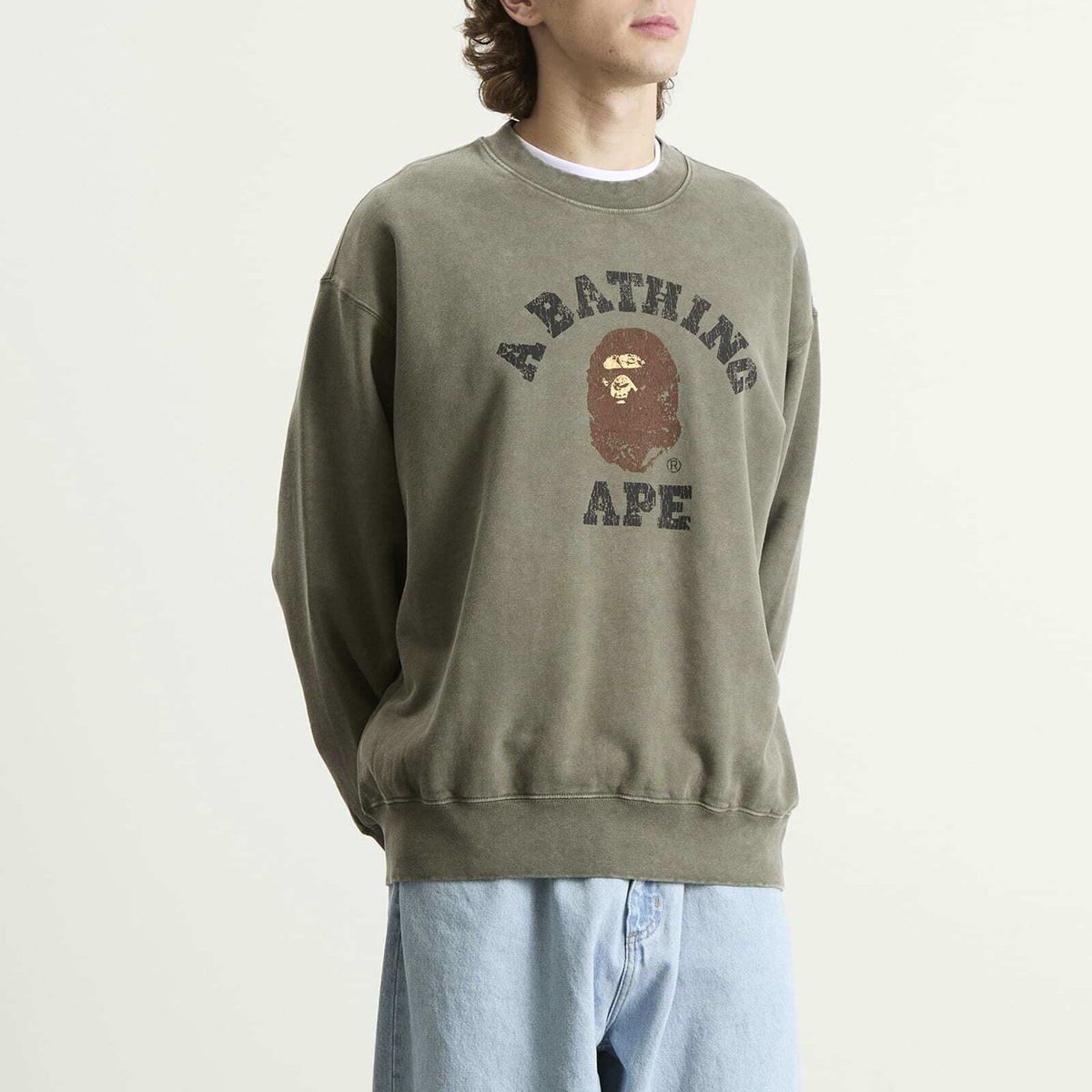 A Bathing Ape Men's Garment Dye College Sweatshirt in Olive Drab