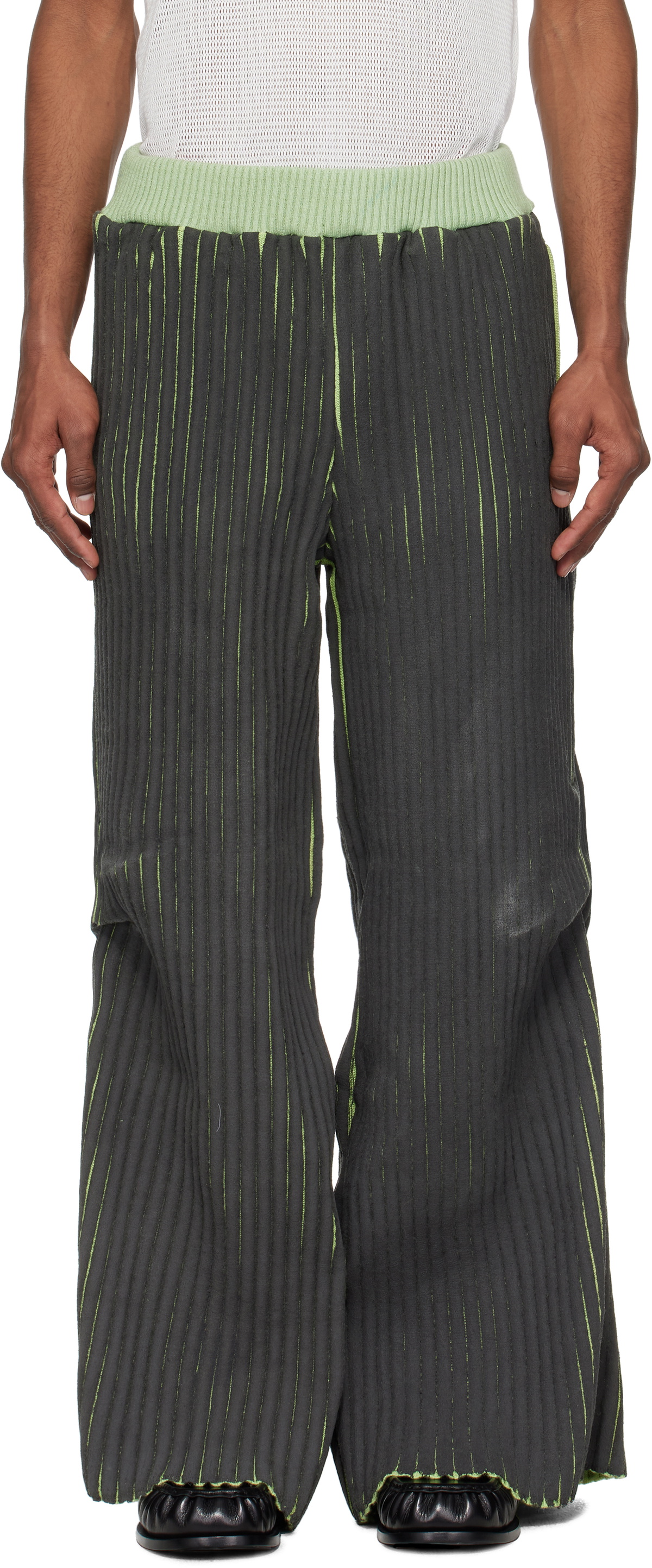 Stanley Raffington Black & Green Warped Ribbed Trousers