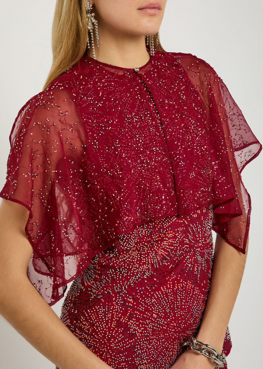 Rabanne Embellished Chiffon Cape top Red
