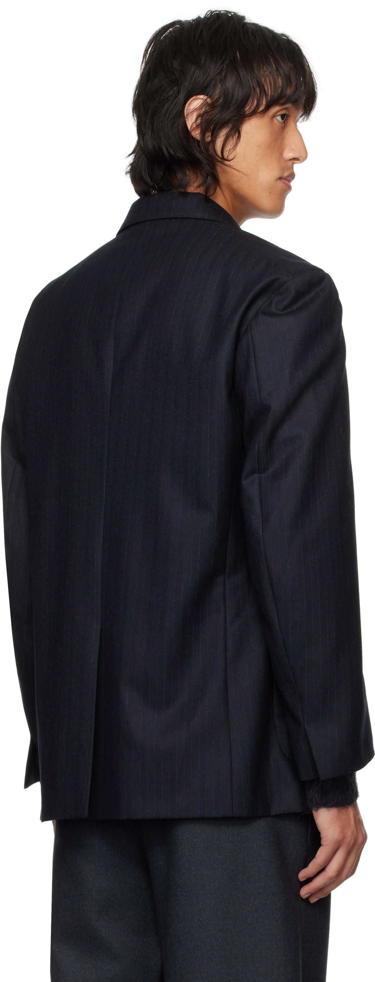 AURALEE Navy Wool Fulling Flannel Stripe Blazer Auralee AURALEE Navy Wool Fulling Flannel Stripe Blazer Auralee