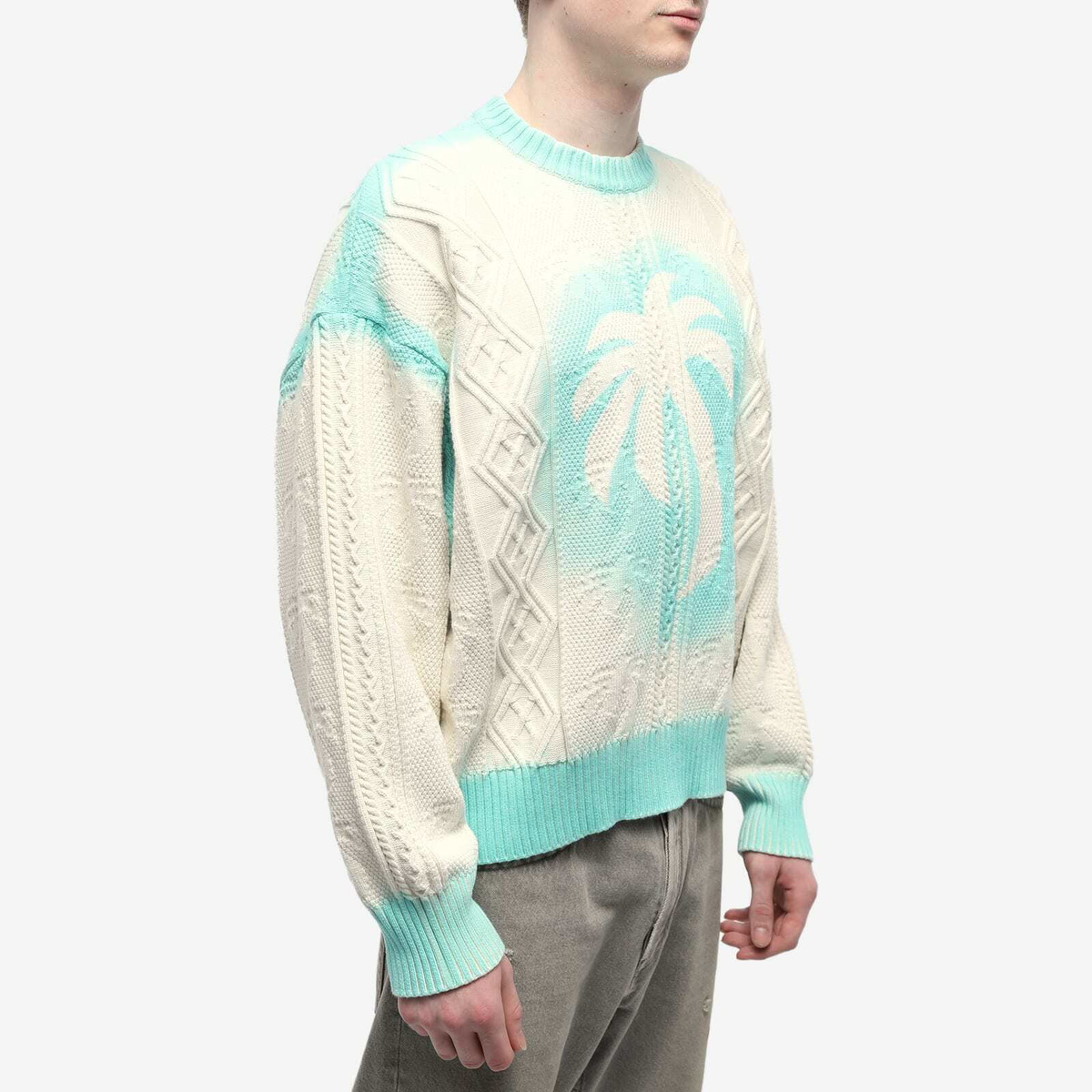 Palm Angels Men's Sprayed Palm Cable Knit Sweat in Off White Palm Angels Men's Sprayed Palm Cable Knit Sweat in Off White