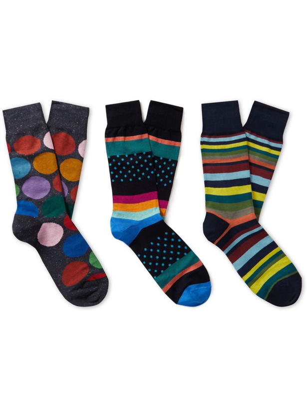 Photo: Paul Smith - Three-Pack Striped Polka-Dot Cotton-Blend Socks