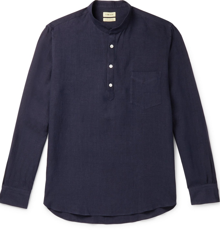 Photo: De Bonne Facture - Grandad-Collar Linen Half-Placket Shirt - Blue