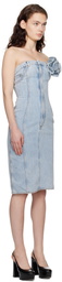 AREA Blue Flower Corsage Strapless Denim Midi Dress