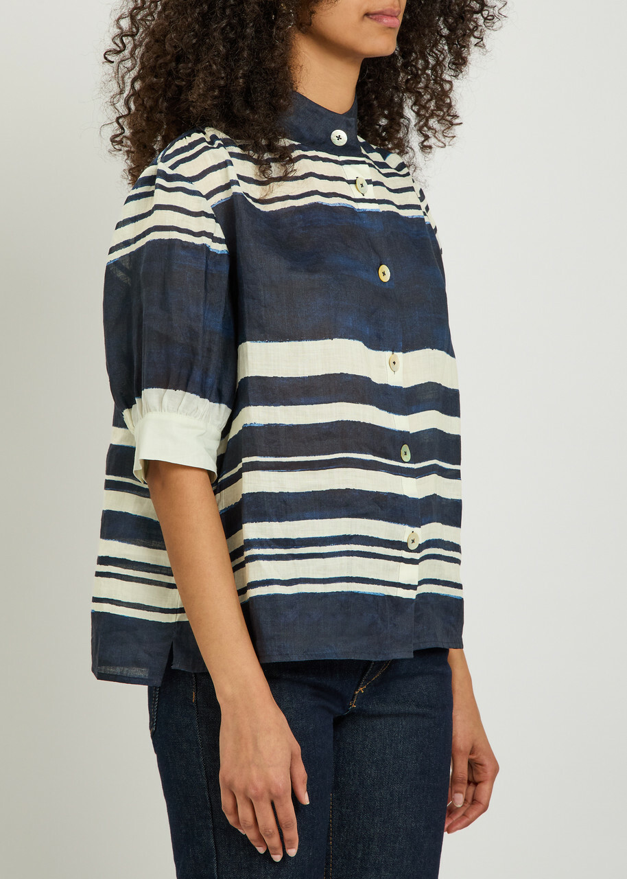 Veronica Beard Hollandale Striped Ramie Shirt Navy