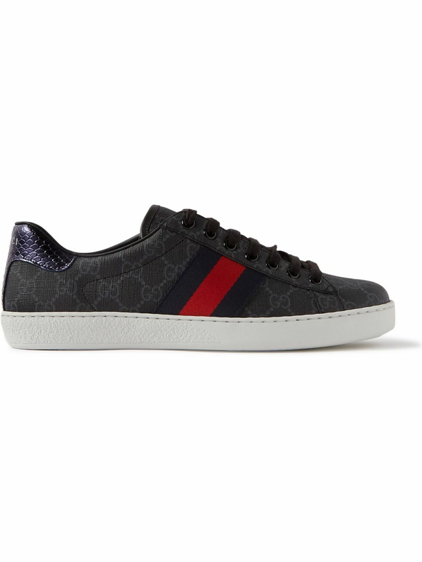 Photo: GUCCI - Ace Webbing-Trimmed Monogrammed Coated-Canvas Sneakers - Black