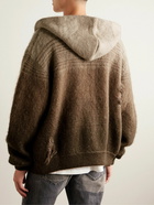 John Elliott - Distressed Intarsia-Knit Hooded Zip-Up Cardigan - Brown