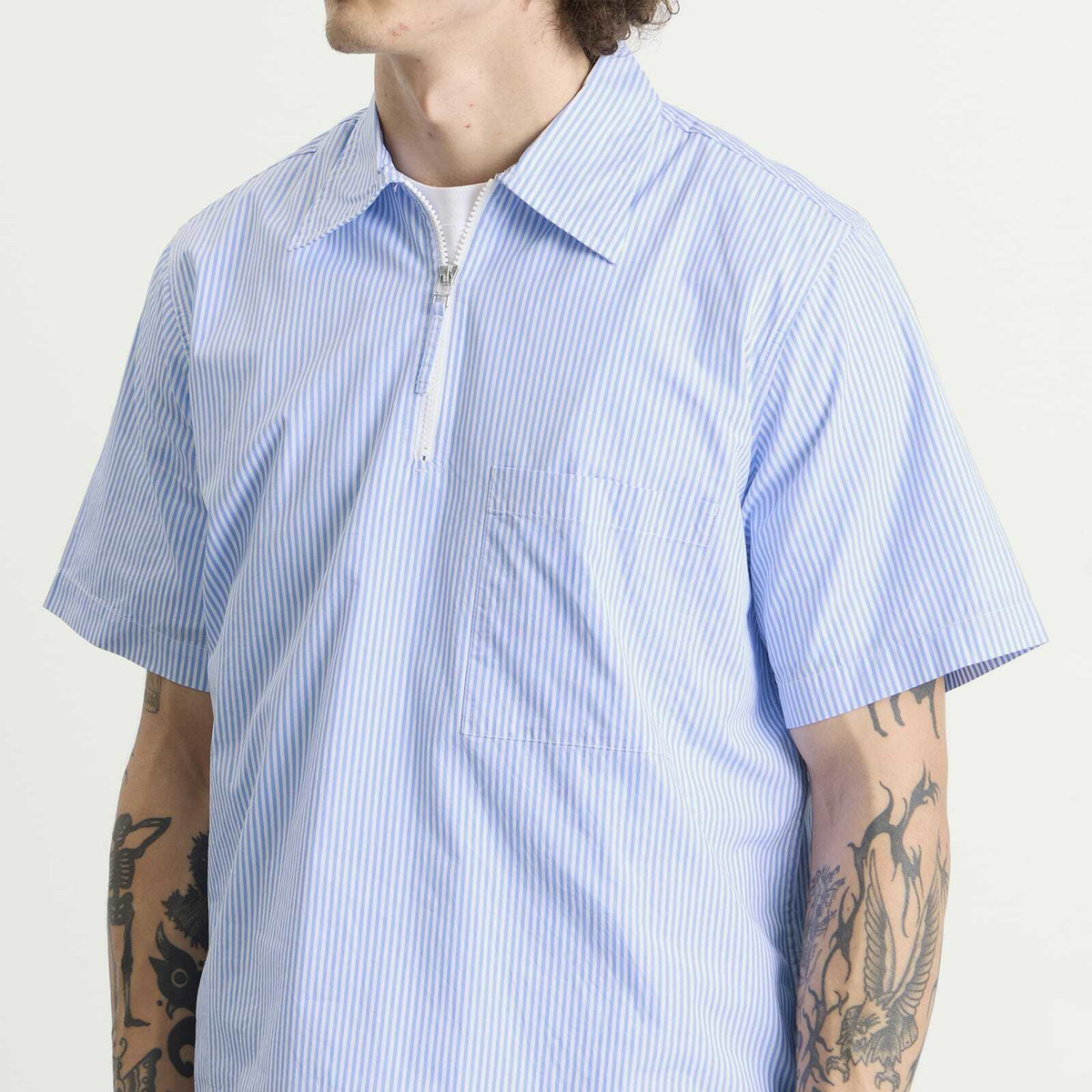 Universal Works Men's Nipon Stripe Ewan Shirt in Sky/White