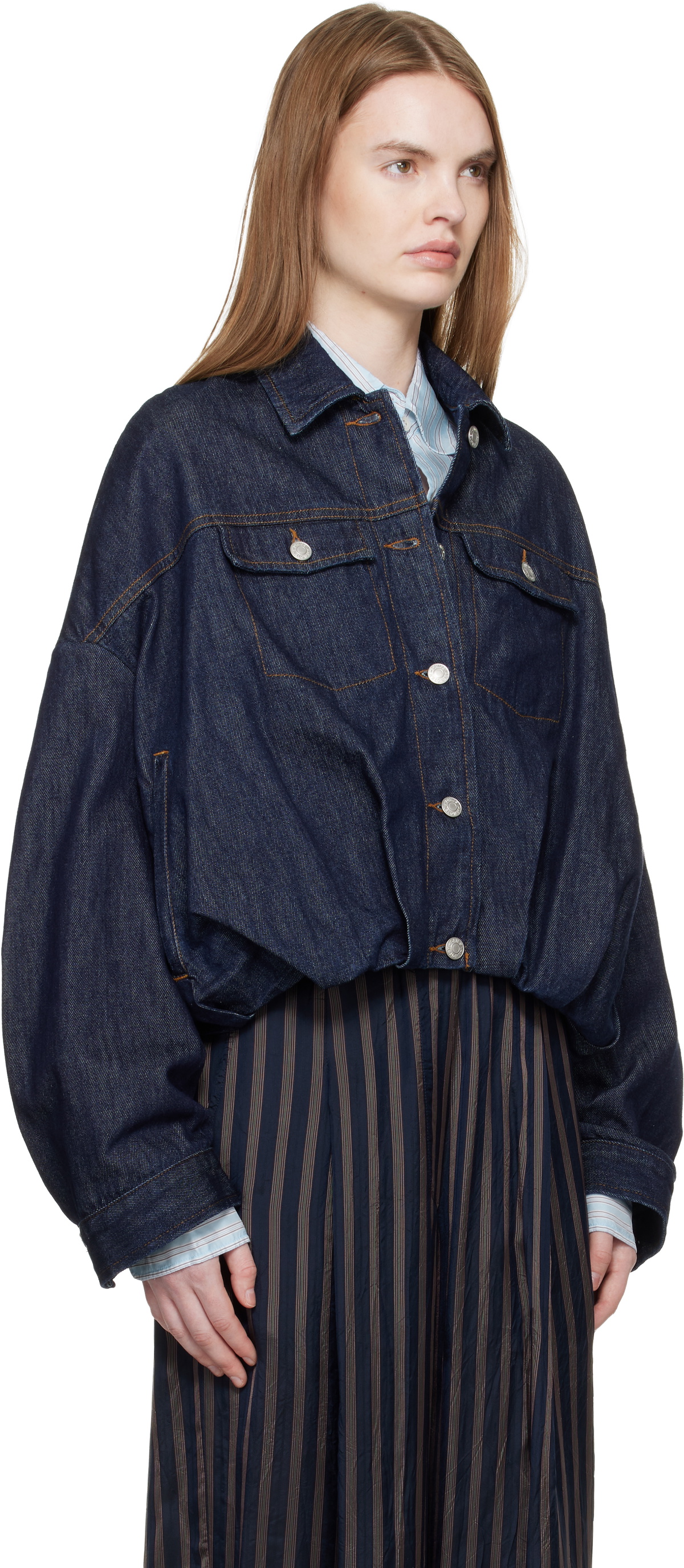 Dries Van Noten Navy Bubble Hem Denim Jacket