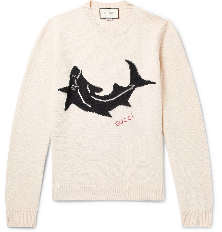 Photo: Gucci - Shark-Intarsia Wool Sweater - Men - Cream