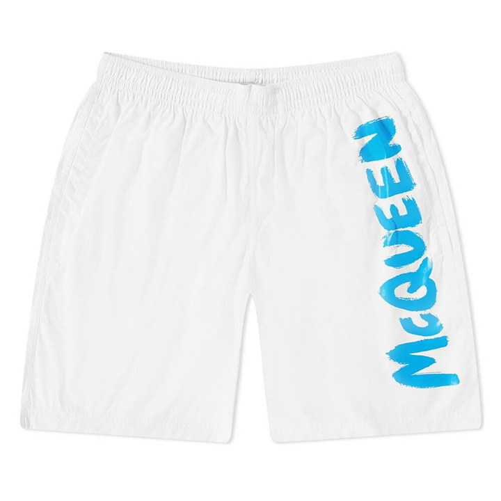 Photo: Alexander McQueen Men's Grafitti Logo Swimshorts in Wht&SkyBl