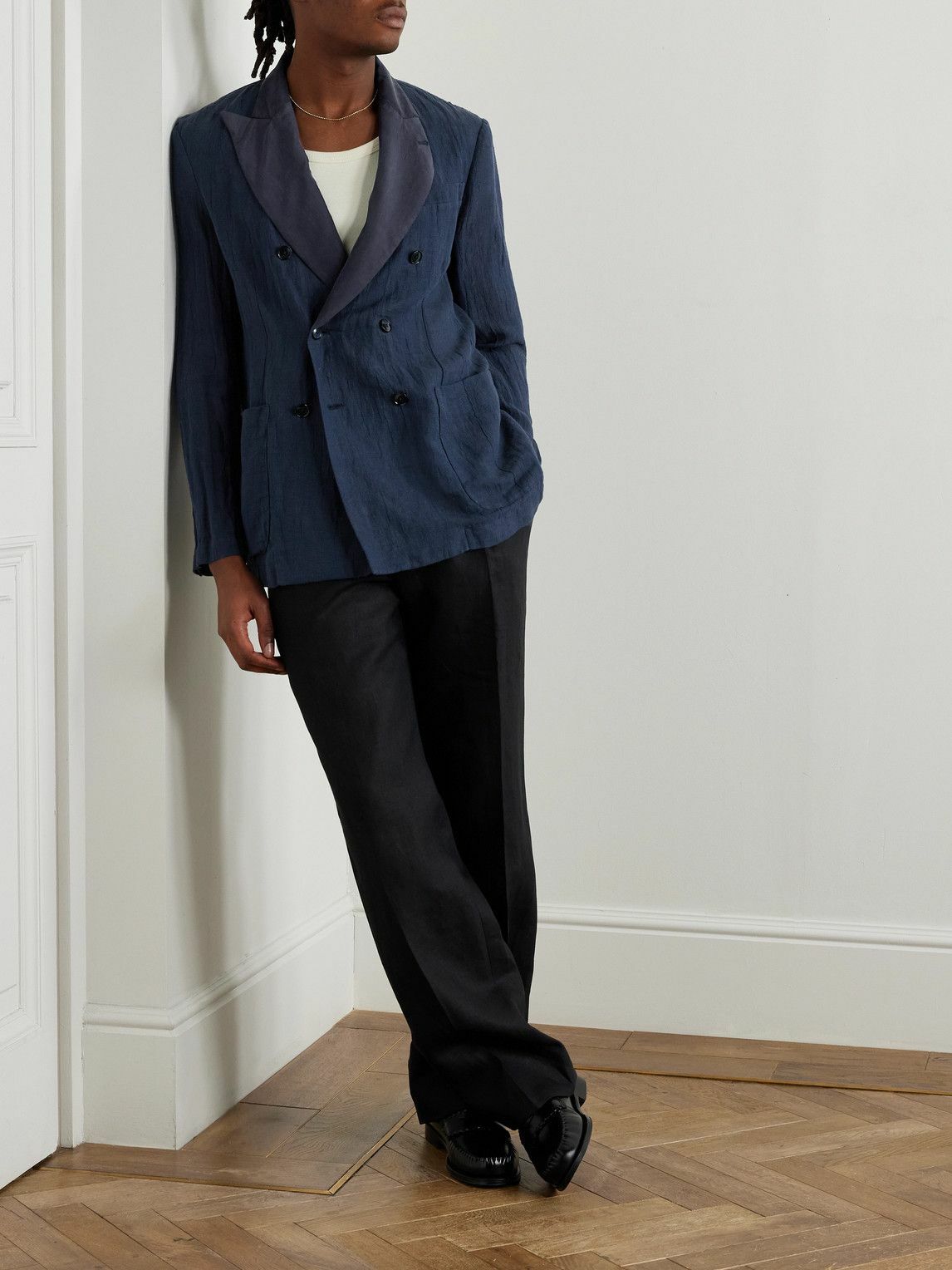 Barena - Siroco Double-Breasted Silk-Trimmed Linen and Cotton-Blend Blazer - Blue