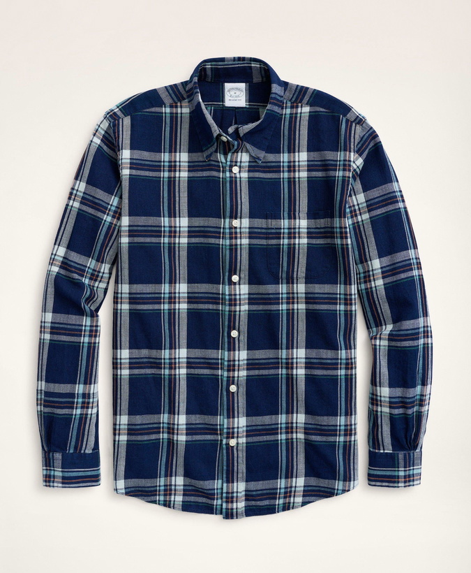 Photo: Brooks Brothers Men's Regent Regular-Fit Sport Shirt, Faded Plaid | Indigo