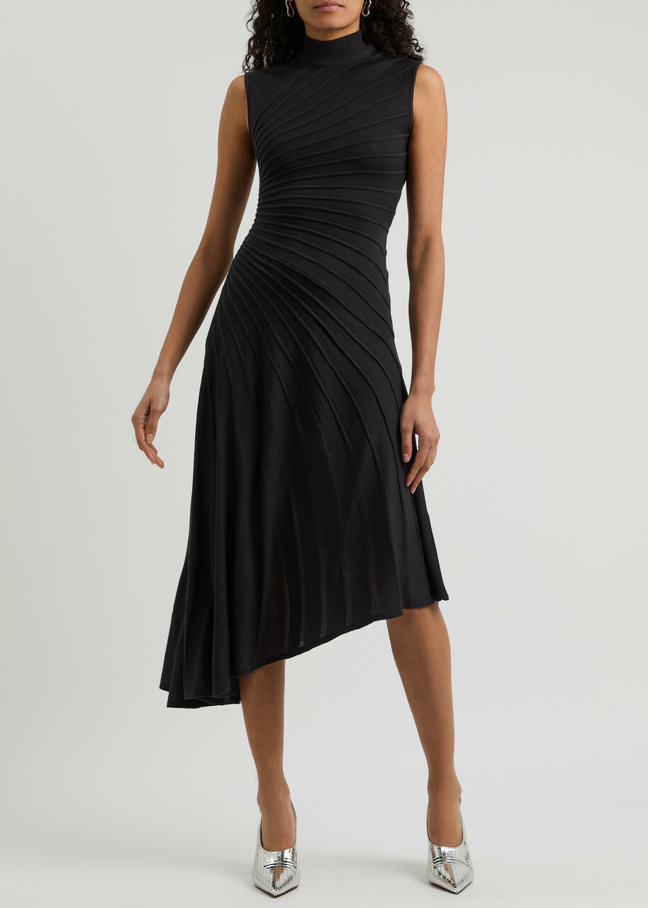 Alaïa Asymmetric Ribbed Wool Midi Dress Black ALAÏA