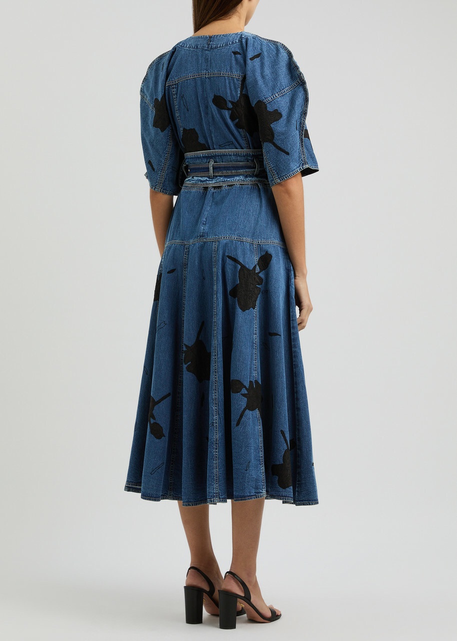 Lovebirds Floral-appliqued Belted Denim Midi Dress Blue