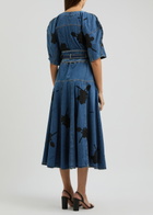 Lovebirds Floral-appliqued Belted Denim Midi Dress Blue
