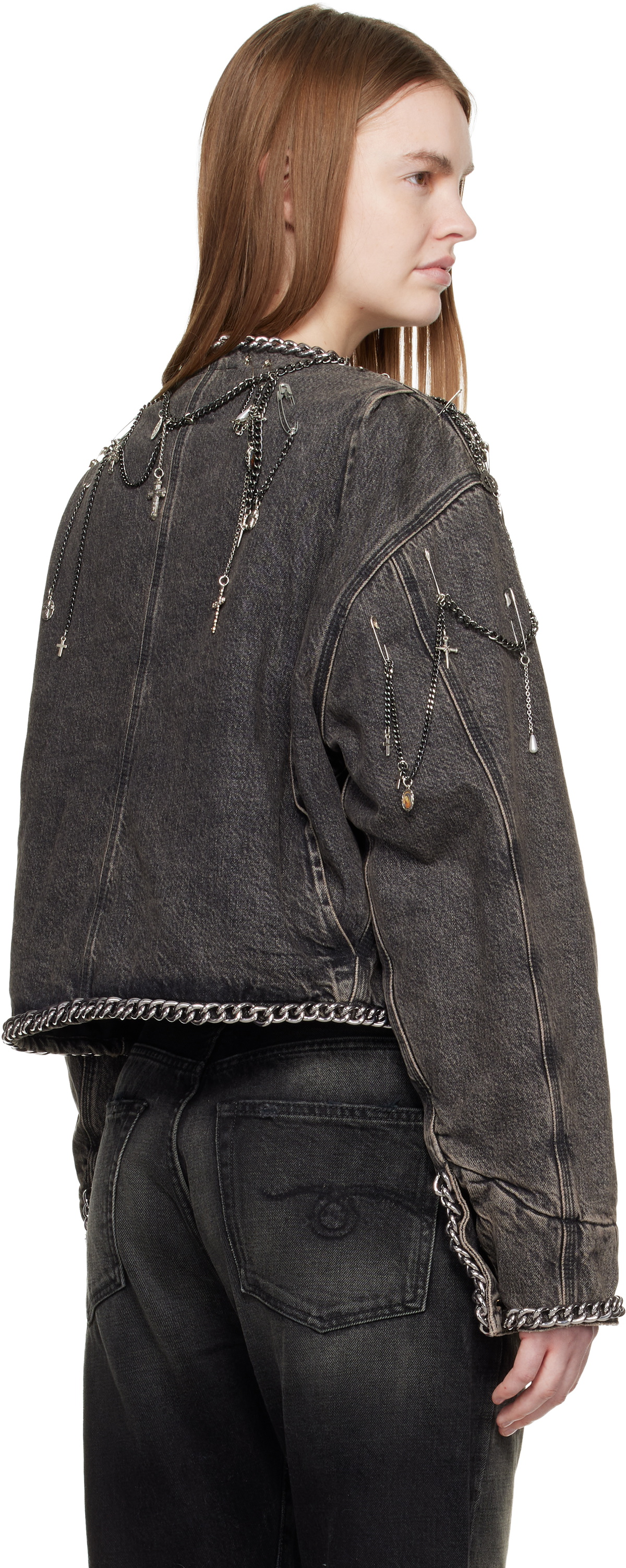 R13 Gray Chain Embellished Cropped Denim Chore Jacket