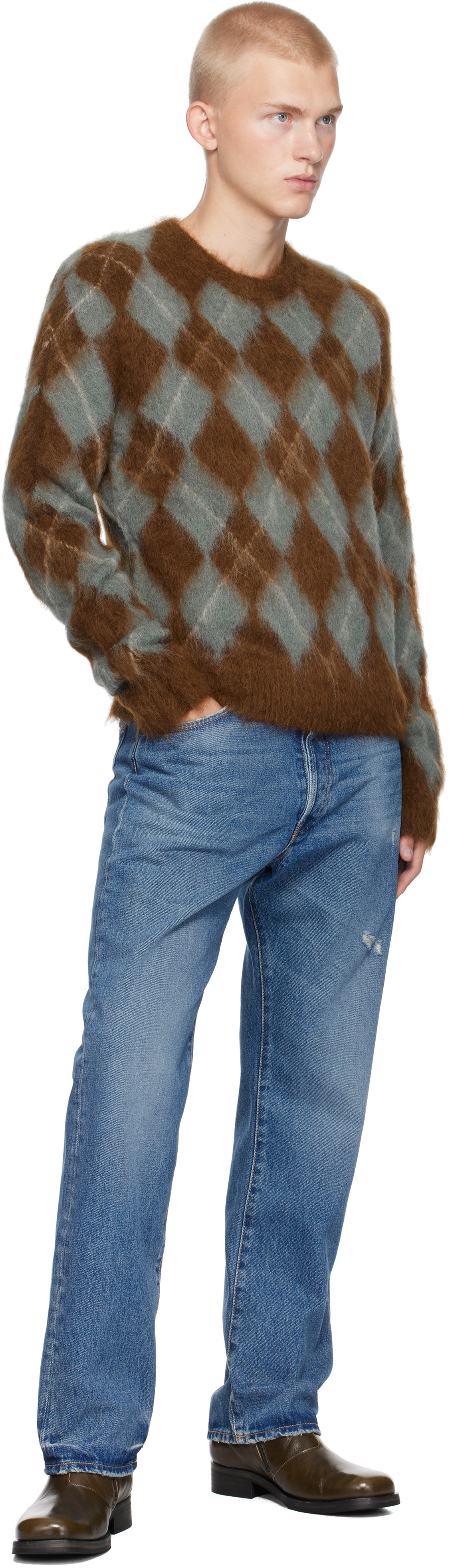 AMI Paris Blue & Brown Alpaca Mohair Brushed Argyle Sweater