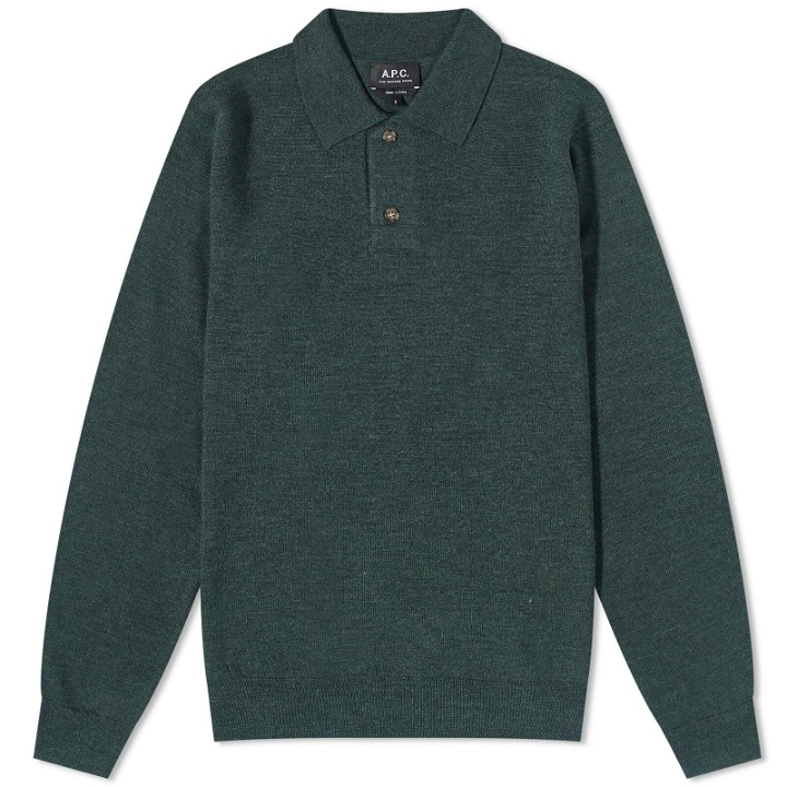 Photo: A.P.C. Jerry Long Sleeve Knitted Polo Shirt in Heathered Green