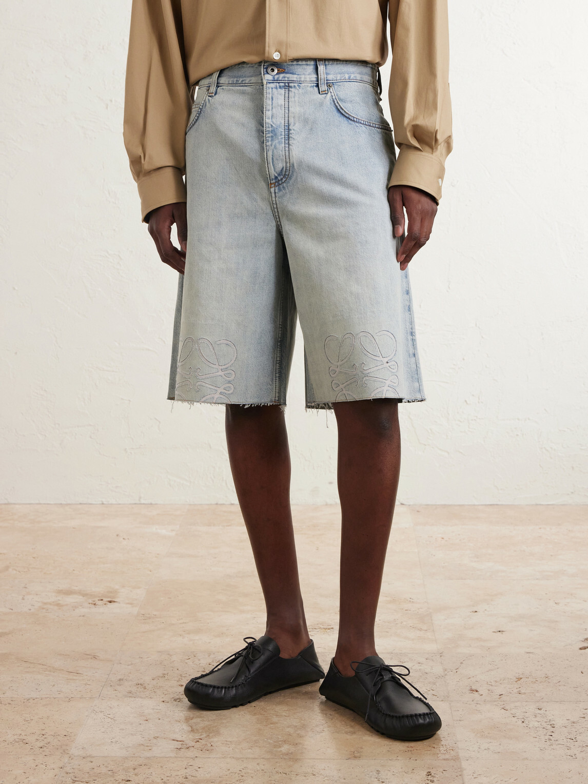 LOEWE - Wide-Leg Anagram-Embroidered Denim Shorts - Blue