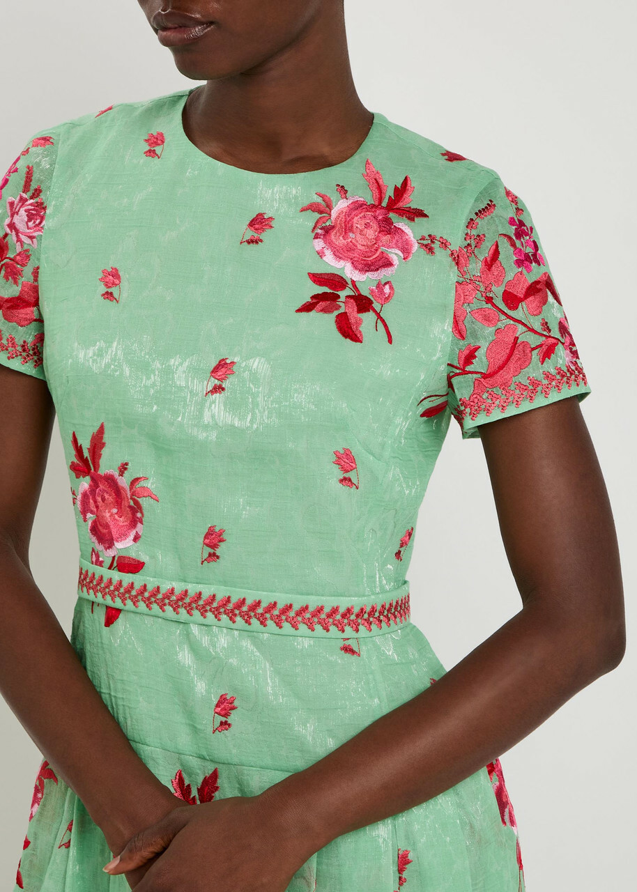 Erdem Floral Belted Cotton and Silk-blend Midi Dress Mint