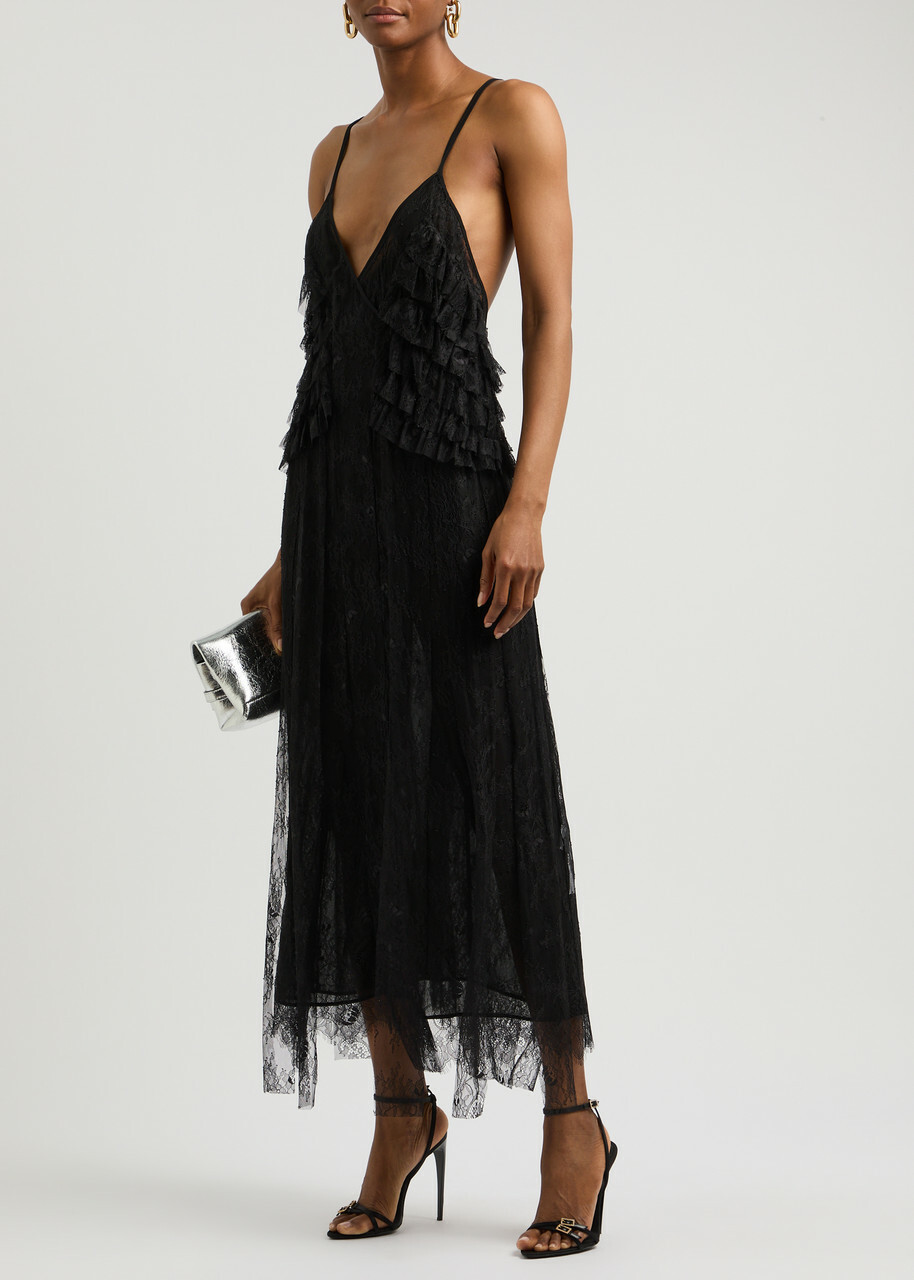 Blumarine Draped Floral Lace Midi Dress Black