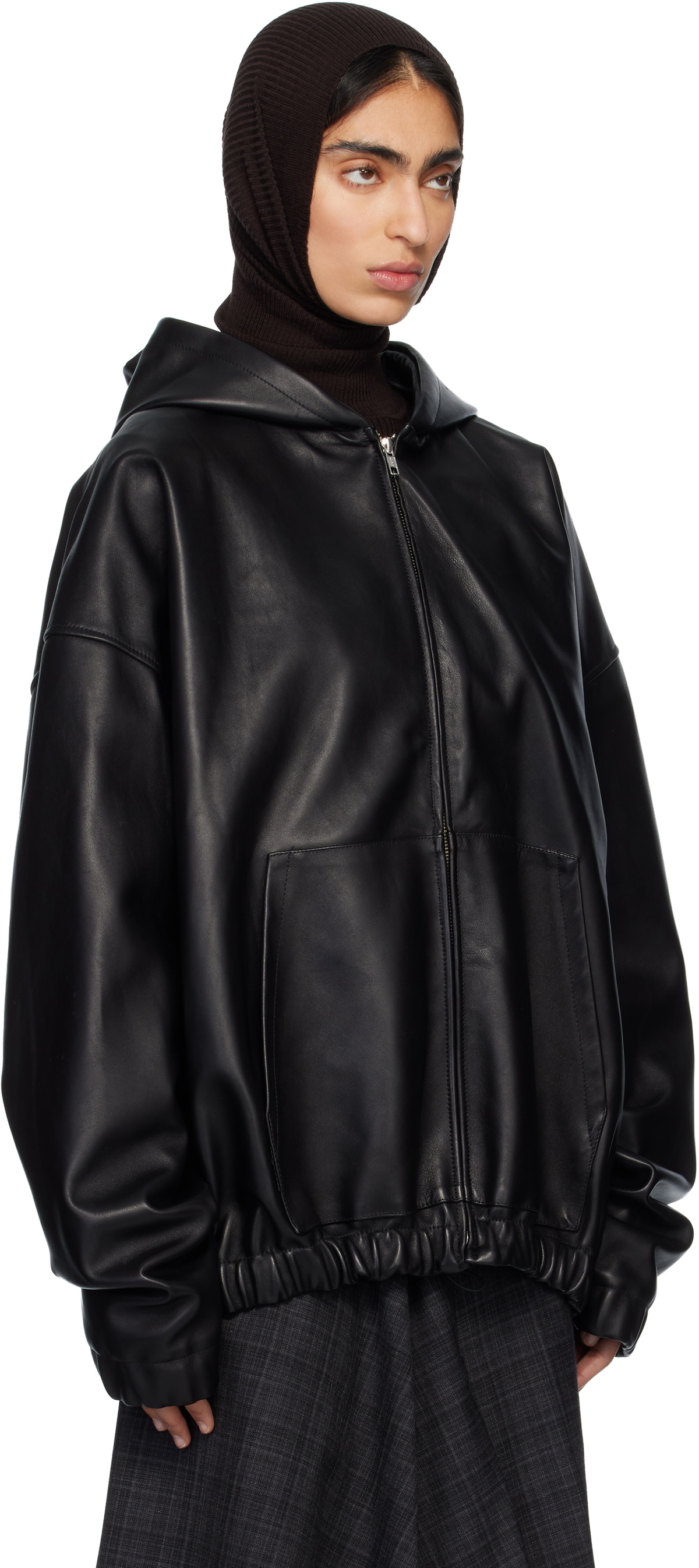 MARIE ADAM-LEENAERDT Black Leather Hoodie Jacket