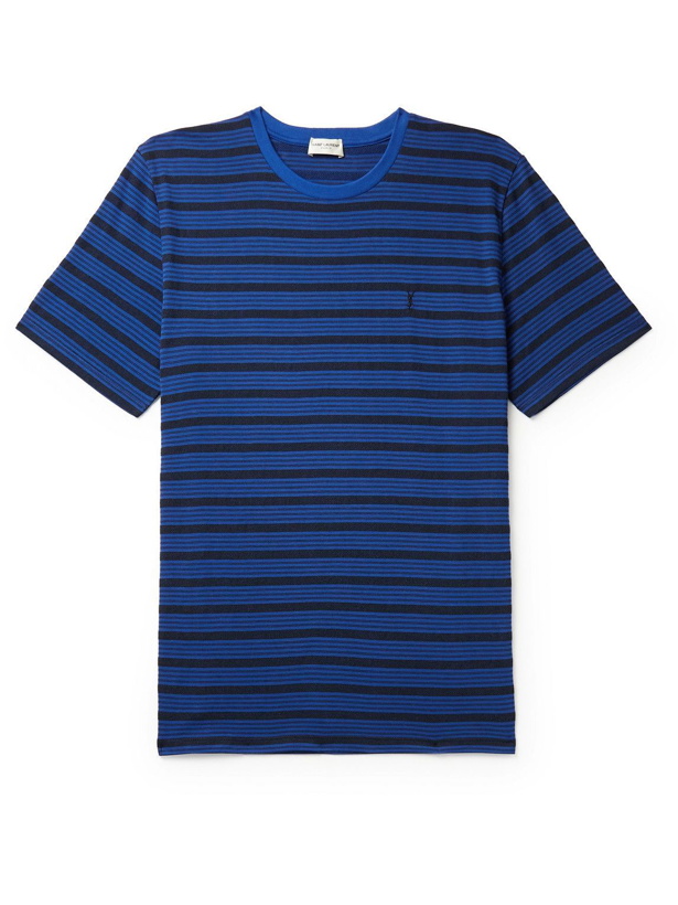 Photo: SAINT LAURENT - Logo-Embroidered Striped Cotton-Jersey T-Shirt - Blue