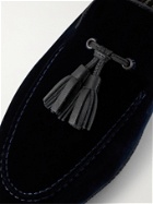 PAUL STUART - Hope Leather and Grosgrain-Trimmed Velvet Tasselled Slippers - Blue