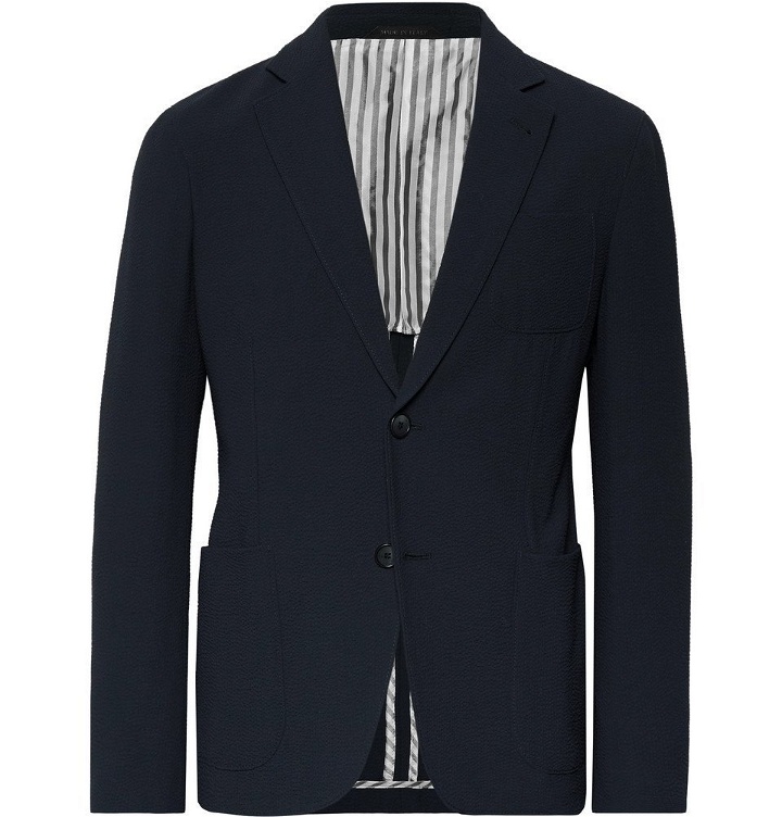 Photo: Giorgio Armani - Storm-Blue Upton Slim-Fit Virgin Wool-Seersucker Suit Jacket - Men - Storm blue