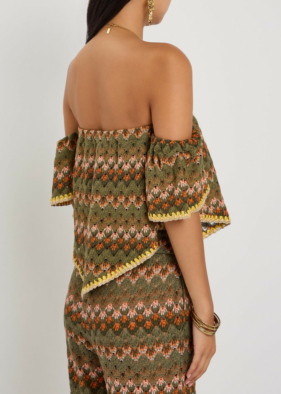 LA Double J Sand Dollar Embroidered Open-knit Cotton-blend top Green