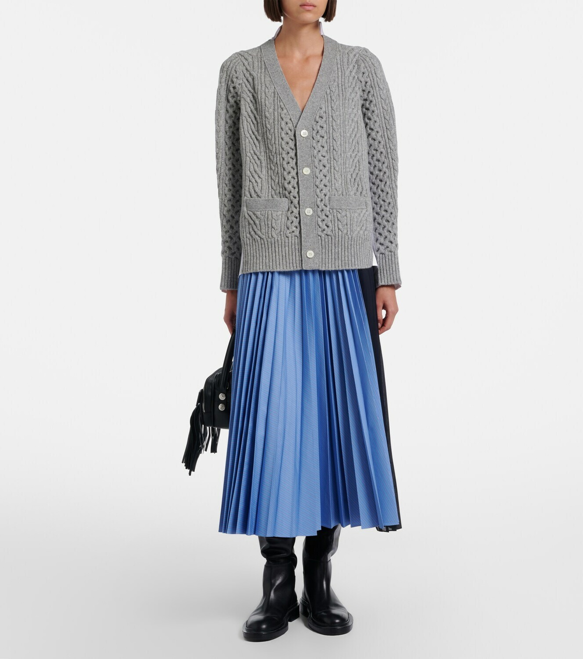 Sacai Cable-knit wool and poplin cardigan