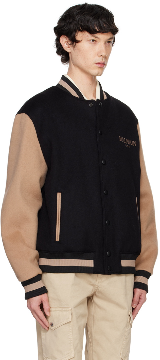 Balmain Black & Tan Two-Tone Varsity Bomber Jacket Balmain