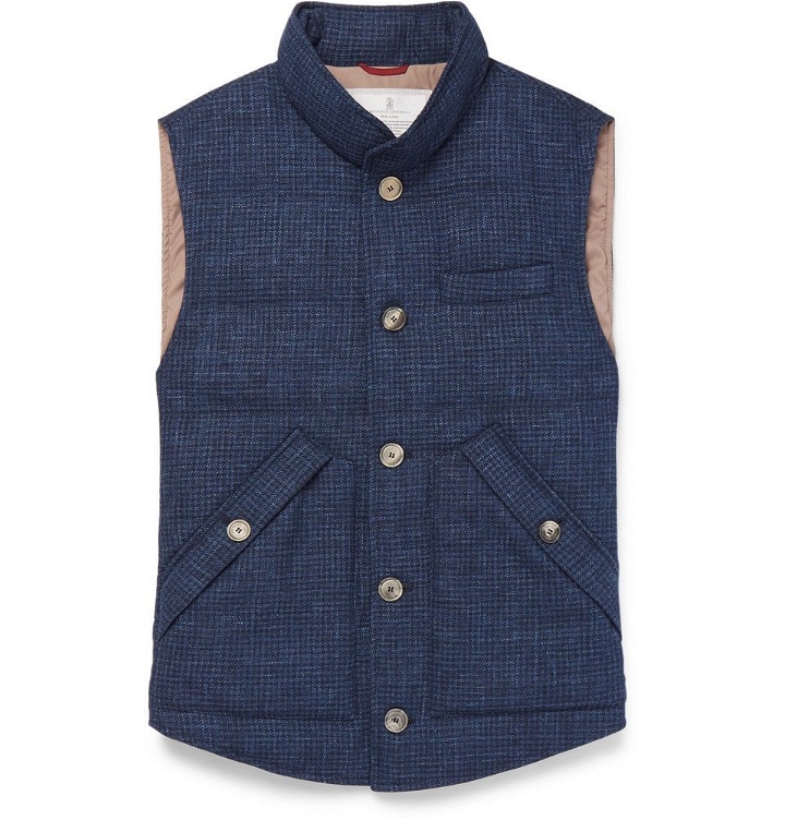 Photo: Brunello Cucinelli - Slim-Fit Checked Quilted Wool, Linen and Silk-Blend Down Gilet - Blue