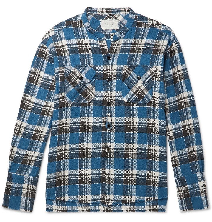 Photo: Greg Lauren - Grandad-Collar Frayed Checked Cotton-Flannel Shirt - Blue