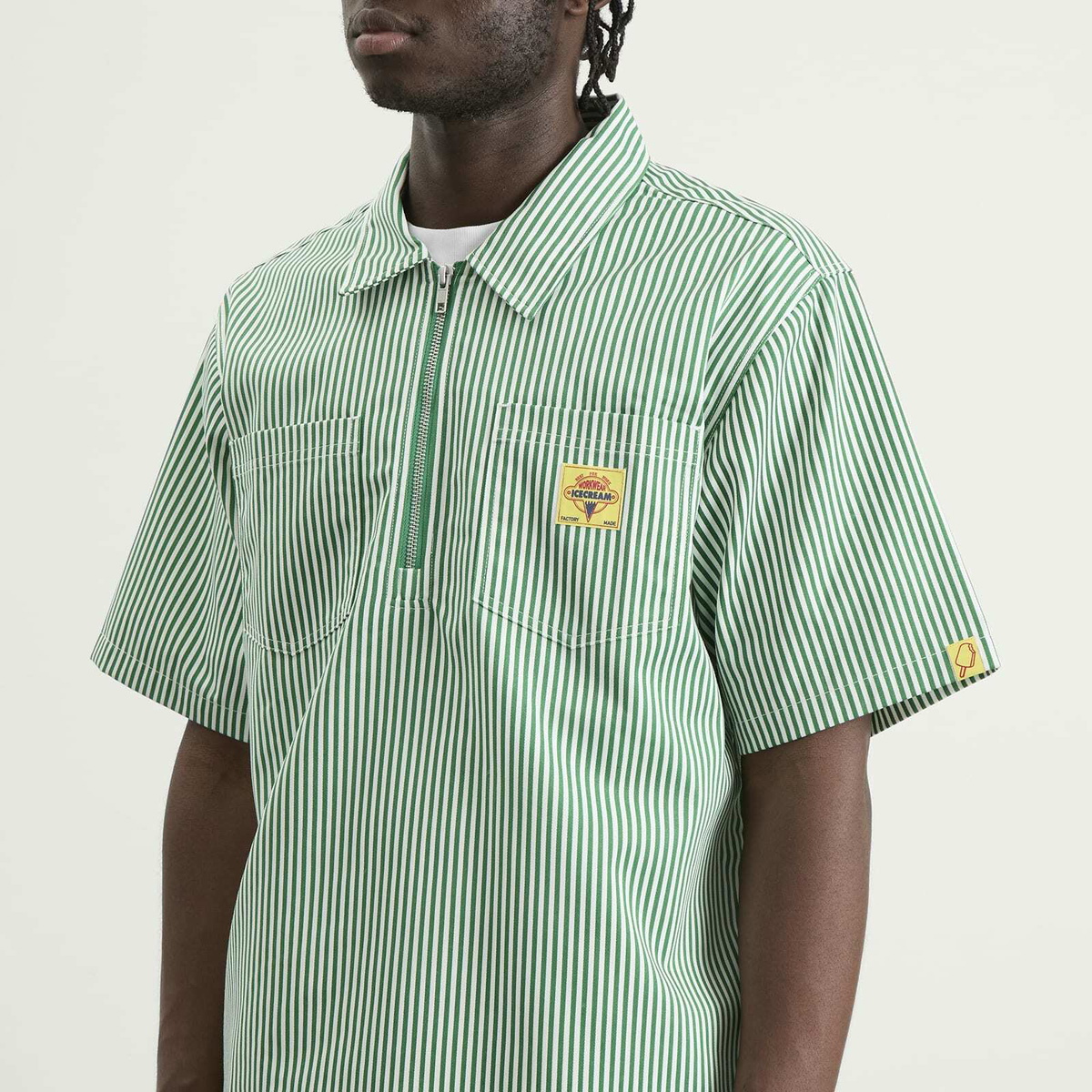 ICECREAM Men's IC Services Quarter Zip Work Shirt in Green/White stripe