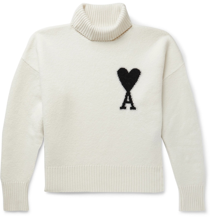 Photo: AMI - Logo-Intarsia Merino Wool Rollneck Sweater - Neutrals