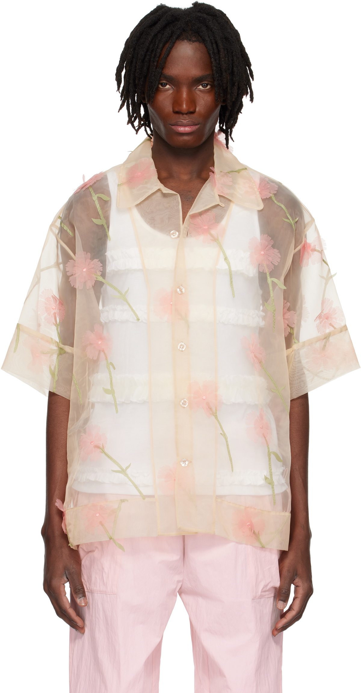 処分 Simone Rocha シャツ 美品 Simone Rocha Men's Flower Embroidered Tulle Overlay Shirt | Neiman