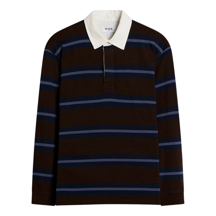Photo: Wax London Men's Rowhill Mirror Stripe Rugby Shirt in Brown/Blue