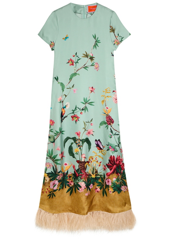 Photo: LA Double J Swing Floral-print Feather hem Silk Maxi Dress Blue