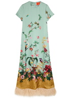 LA Double J Swing Floral-print Feather hem Silk Maxi Dress Blue